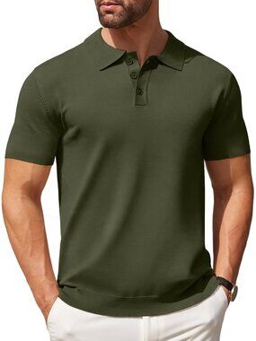Mens  Army Green Knit Polo Shirts Casual Short Sleeve Button Down Golf Tee Class